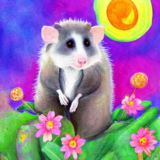 Prompt: opossum, adorable, children's art, colorful, flowers, trees, full moon
