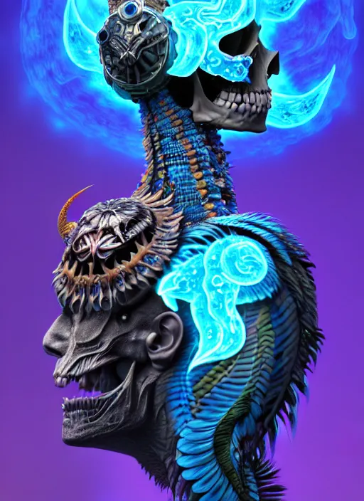 Image similar to 3 d shaman with tattoos profile portrait, sigma 5 0 0 mm f / 5. beautiful intricate highly detailed quetzalcoatl skull and feathers. bioluminescent, plasma, lava, ice, water, wind, creature, thunderstorm! artwork by tooth wu and wlop and beeple and greg rutkowski, 8 k trending on artstation,