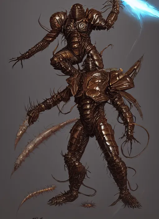 Prompt: An insect assassin, intricate biology, brown chitin armour. In style of Hyung-tae Kim, Greg Rutkowski and Larry Elmore, concept art, trending on ArtStation, Korean MMORPG, over-detailed art, 8K, epic, dynamic lightning, scenery.