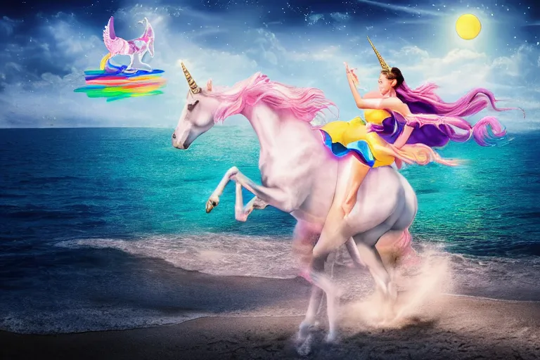 Prompt: sailormoon riding a unicorn on a beach, photograph, realistic, landscape, 4k