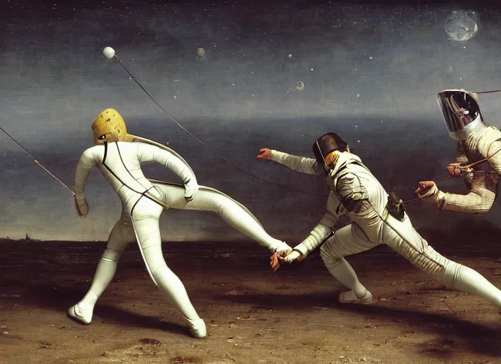 Image similar to a fencing match on the moon by edgar maxence and caravaggio and michael whelan and delacroix style, artistic, intricate painting, cinematic lighting, hyper realistic, extremely detailed, establishing shot, 8 k resolution, dramatic lighting