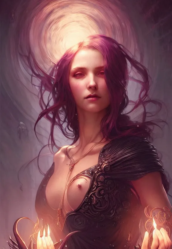 Image similar to Necromancer Sorceress in center, fantasy magic, undercut hairstyle, dark light night, intricate, elegant, sharp focus, illustration, highly detailed, digital painting, concept art, matte, art by WLOP and Artgerm and Greg Rutkowski and Alphonse Mucha, masterpiece