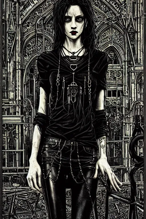 Image similar to dreamy gothic girl, black leather slim clothes, chains, factory tools, dark details, detailed acrylic, grunge, intricate complexity, by dan mumford and by alberto giacometti, peter lindbergh