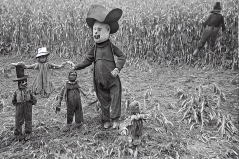 Image similar to disturbing scarecrow from the early 1 9 0 0's leading children into the cornfields