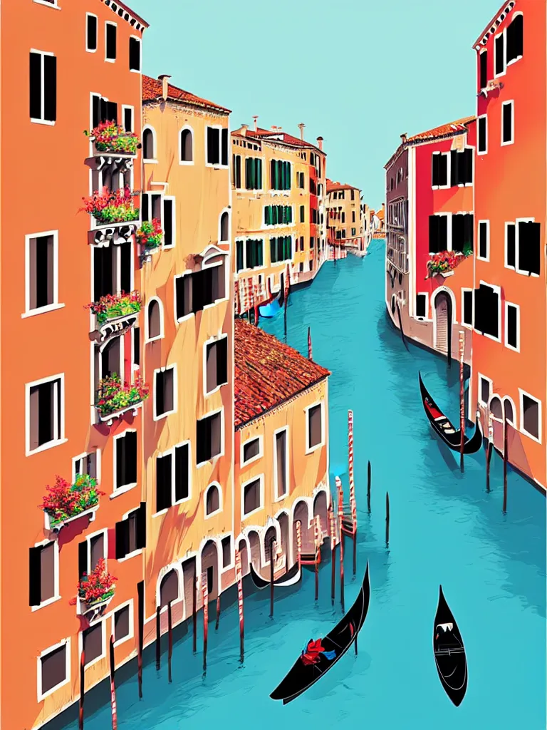 Prompt: a travel poster illustration depicting a canal in venice italy, vintage style, white architecture, digital painting, vector art, trending on artstration, by anton fadeev, by alena aenami