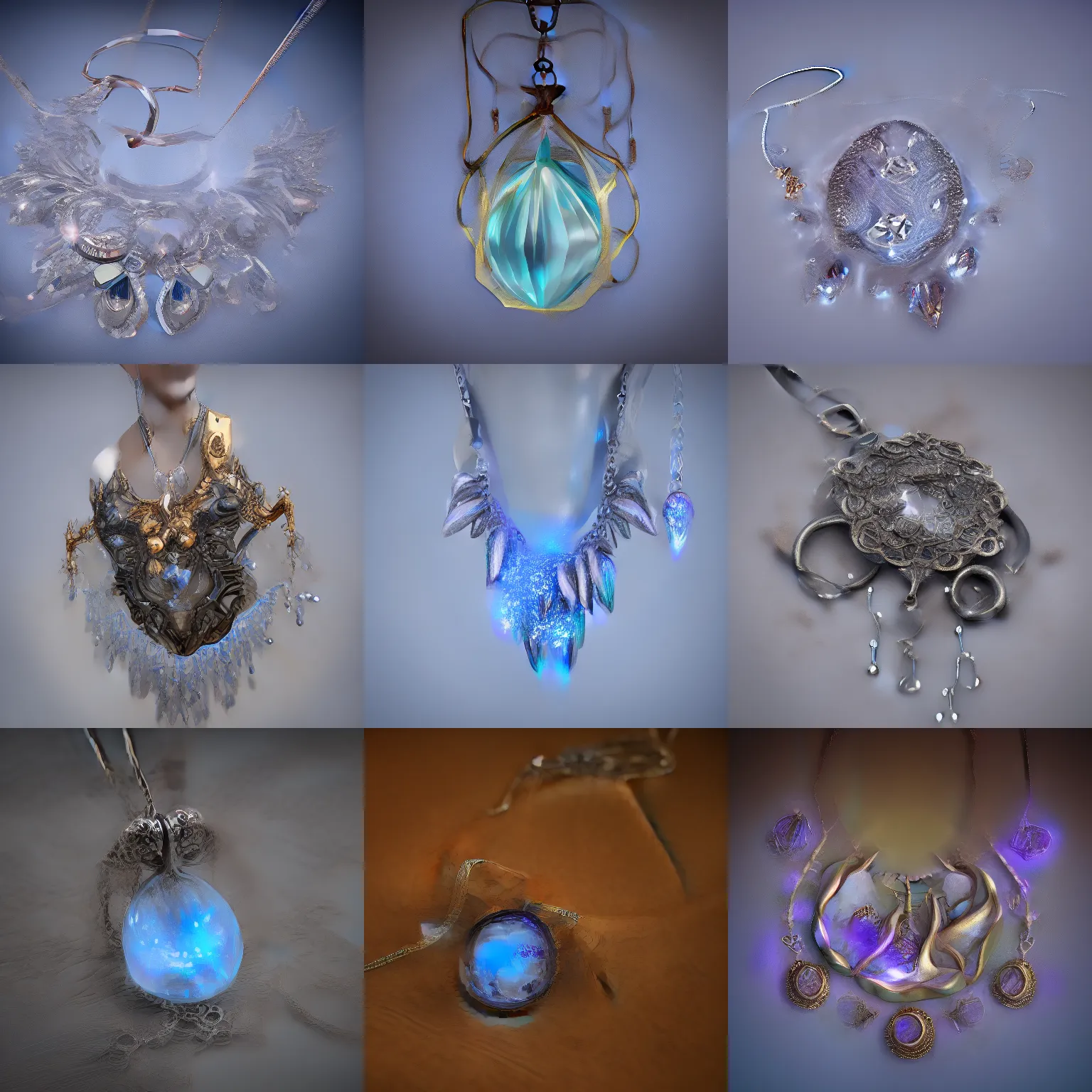 Prompt: fantasy necklace made with a crystal, magical and glowing, octane render, ray tracing, light transmission, 8 k