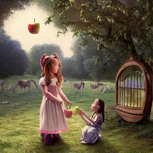 Image similar to a portrait of a beautiful little girl feeding an apple to a skeleton horse, the girl looks happy and have bright eyes and a porcelain face, matte painting 3 d watercolour rendering, in the style of lilia alvarado and mc escher!