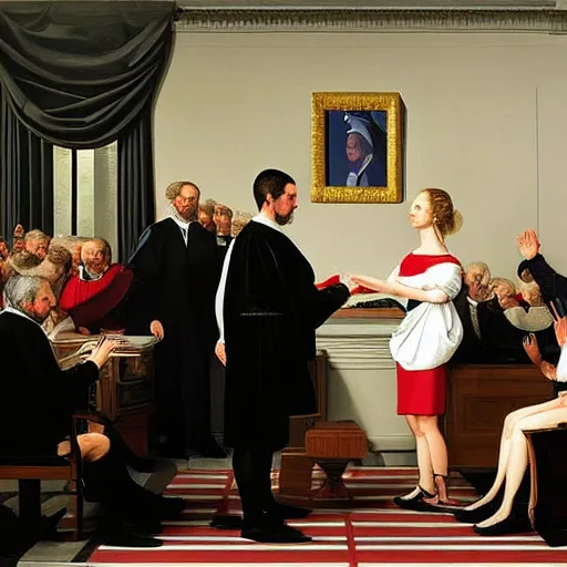 Prompt: hyperdetailed elaborate minimalist photorealistic portrait of (((Leslie Knope))) taking the oath of office as president of the united states in the style of Caravaggio