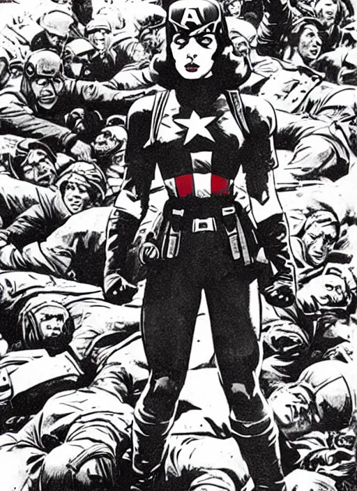 Prompt: beautiful female captain america standing on a pile of defeated german soldiers. feminist captain america wins wwii. american wwii propaganda poster by james gurney. anime