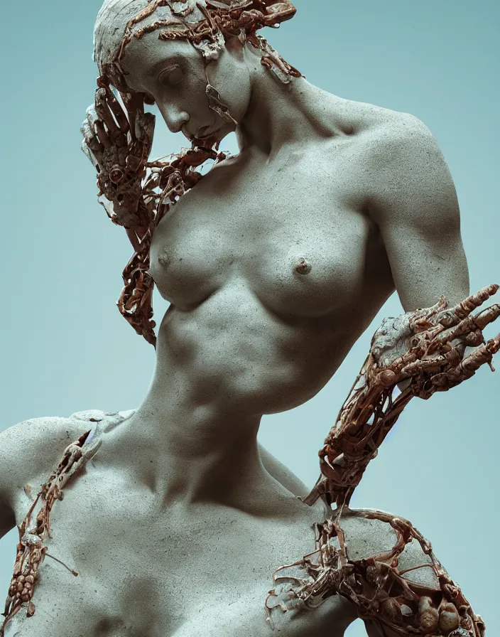 Prompt: positing on rock woman in form of Greece classical sculpture with many biomechanical details, full lenght view. white plastic, skull, muscles, tumors, veins, biomech. Vogue magazine. halo. octane rendering, cinematic, hyperrealism, octane rendering, 8k, depth of field, bokeh. iridescent accents. vibrant. teal gold and red color scheme