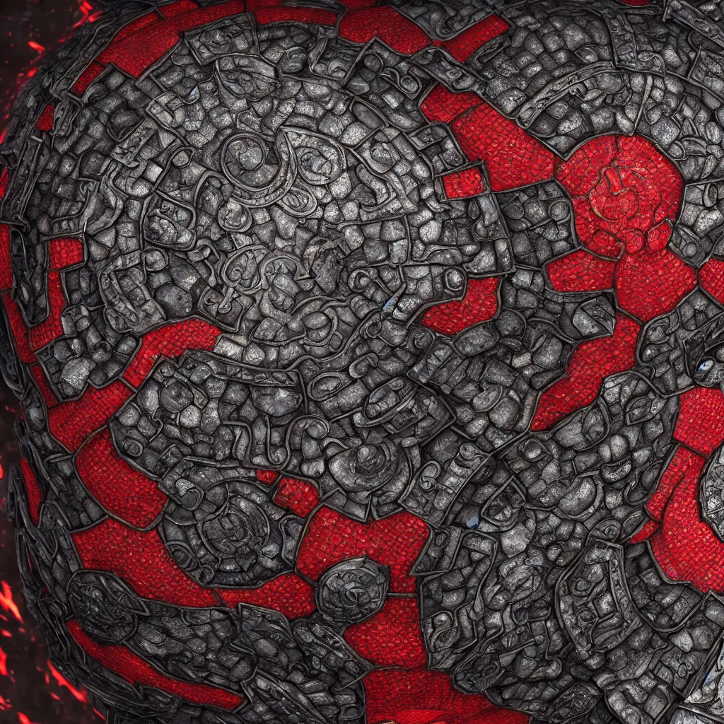 Prompt: ornate and detailed round battle shield made of lava rock and dragon scales, wide angle shot, red and obsidian colors, dungeons and dragons themed, 4 k octane digital render, unreal engine 5, styled by greg rutkowski and extreme levels of detail