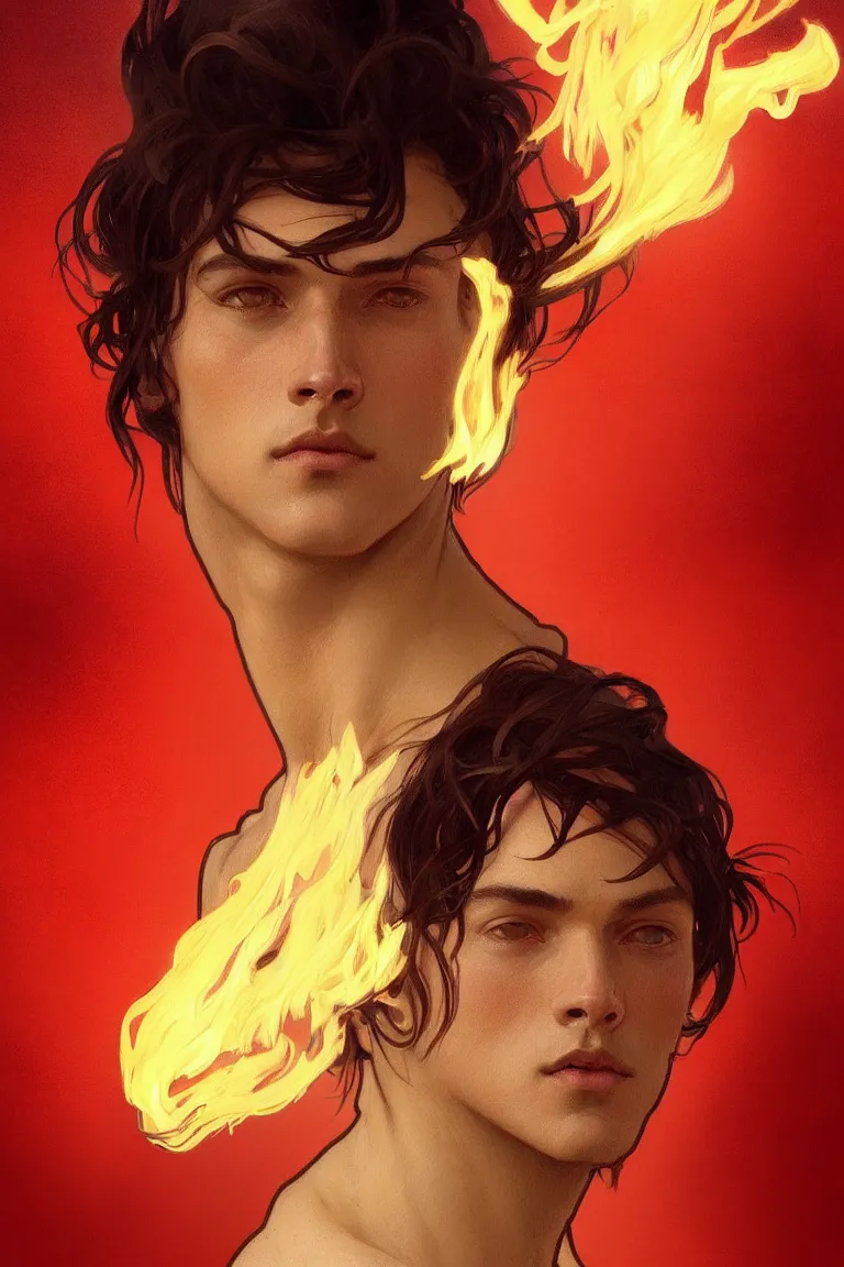 Prompt: portrait of a beautiful young fit male spirit with fire hairs and coal skin, luminous, by greg rutkowski and alphonse mucha, d & d character, gradient red to yellow, in front of a desert background, highly detailed portrait, digital painting, artstation, concept art, smooth, sharp focus ilustration, artstation hq