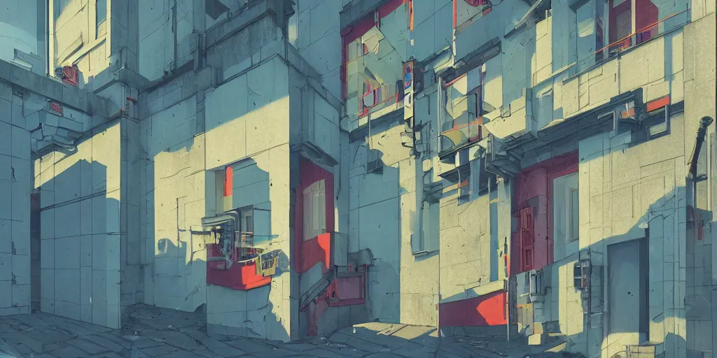 Image similar to neo brutralism, concrete housing, concept art, colorful, vivid colors, light, shadows, reflections, cinematic, 3D, in the style of Akihiko Yoshida and Edward Hopper