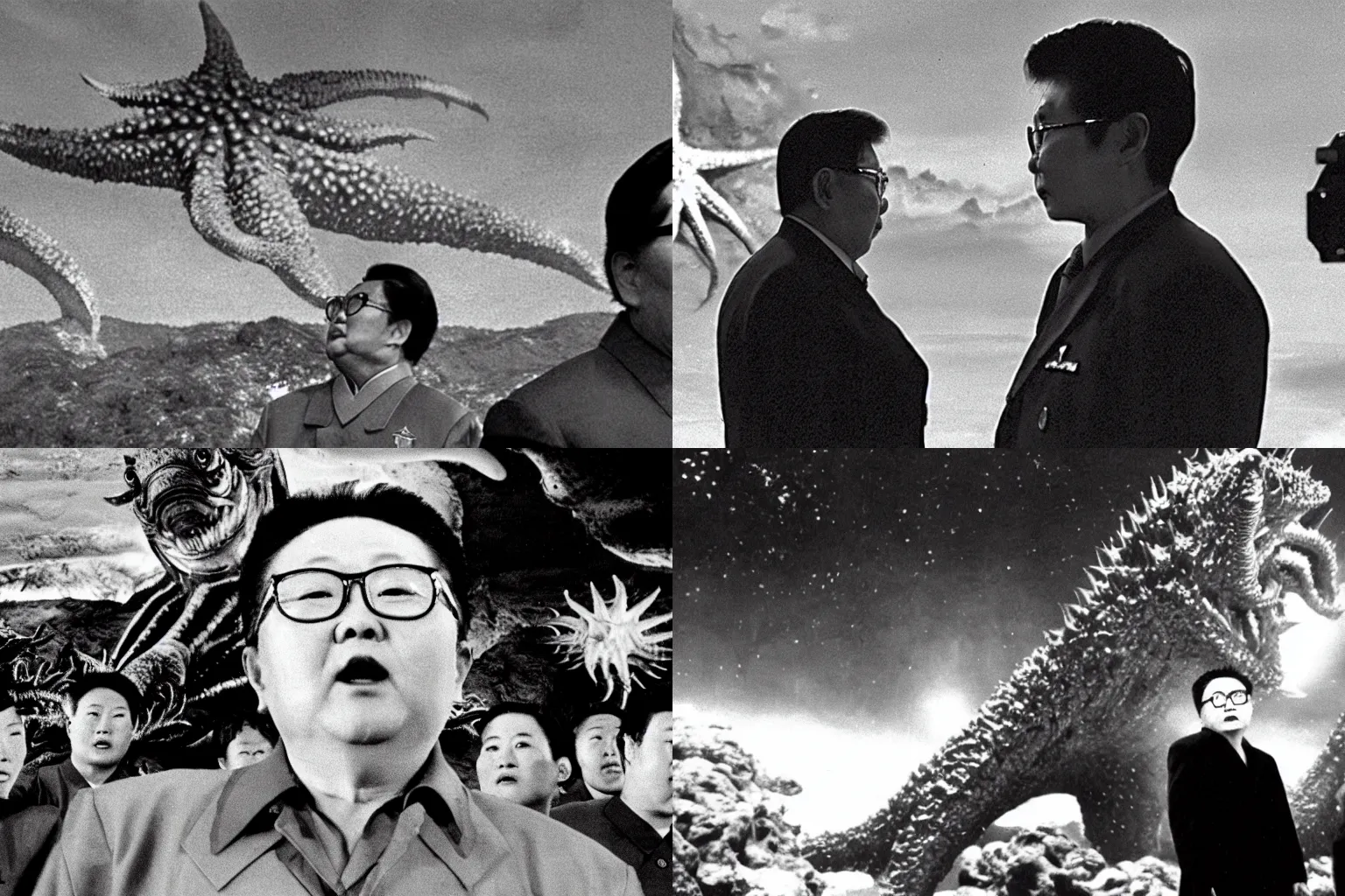 Prompt: a filmstill of Kim Jong-il in the foreground looking upwards at a giant Kaiju starfish monster in the background, cinematography by Akira Kurosawa