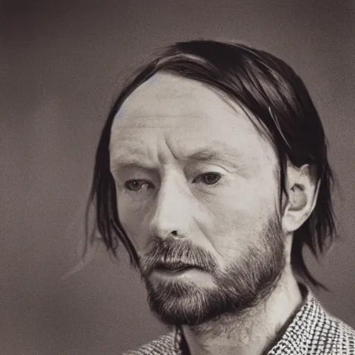 Image similar to Thom Yorke, a man with a beard and a black jacket, a portrait by John E. Berninger, dribble, neo-expressionism, uhd image, studio portrait, 1990s