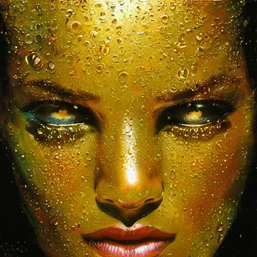 Prompt: an intricate, detailed face of an android, golden skin with water drops on it, dramatic lighting, masterpiece, John Berkey