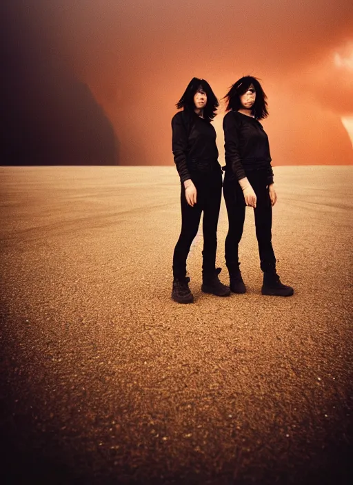 Image similar to cinestill 5 0 d photographic portrait of two loving clones, beautiful women wearing rugged black techwear on a desolate plain with a red sky, extreme closeup, lizard on ground, cyberpunk style, in front of a brutalist dark metal facility, dust storm, 3 5 mm, 8 k, f / 3 2, high resolution, ultra realistic faces