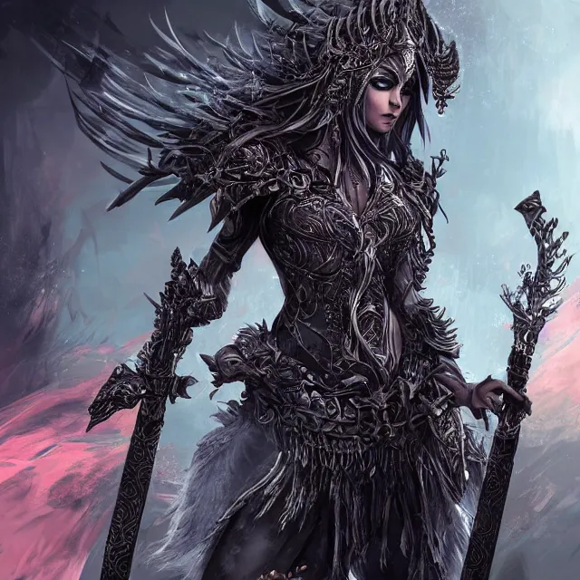 Prompt: highly detailed illustration splashart of the goddess of death wearing dark metal feather armor and holding a weapon digital art unreal engine