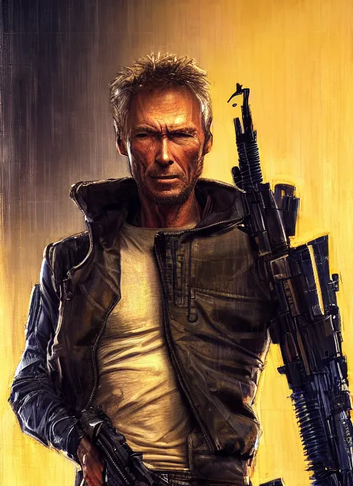 Image similar to clint eastwood. cyberpunk mercenary in a military vest ( blade runner 2 0 4 9, cyberpunk 2 0 7 7 ). orientalist portrait by john william waterhouse and james gurney and theodore ralli and nasreddine dinet, oil on canvas. cinematic, hyper realism, realistic proportions, dramatic lighting, high detail 4 k