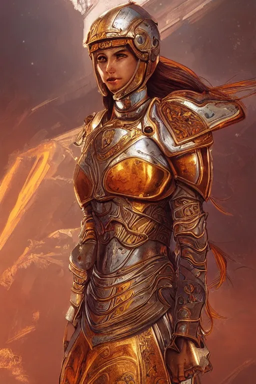 Image similar to portrait knights of Zodiac girl, metalic orange and silver white reflected armor, in ruined Agora of Athens, ssci-fi, fantasy, intricate, very very beautiful, elegant, golden light, highly detailed, digital painting, artstation, concept art, smooth, sharp focus, illustration, art by tian zi and WLOP and alphonse mucha