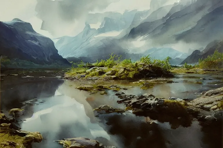 Prompt: watercolor painting of small cold river, reflections, shallow mountains and dramatic white clouds, mythological art by hans gude, ambient lighting and shadows, art by hans dahl, by jesper ejsing, art by anders zorn, wonderful masterpiece by greg rutkowski, cinematic light, american romanticism by greg manchess, creation by tyler edlin