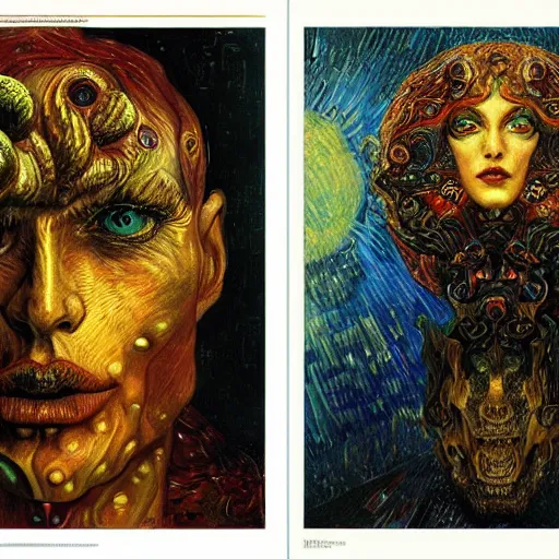 Image similar to Visions of Hell by Karol Bak, Jean Deville, Gustav Klimt, and Vincent Van Gogh, nightmare portrait, infernal, visionary, otherworldly, fractal structures, ornate gilded medieval icon, third eye, hellfire, lovecraftian, spirals, cosmic horror