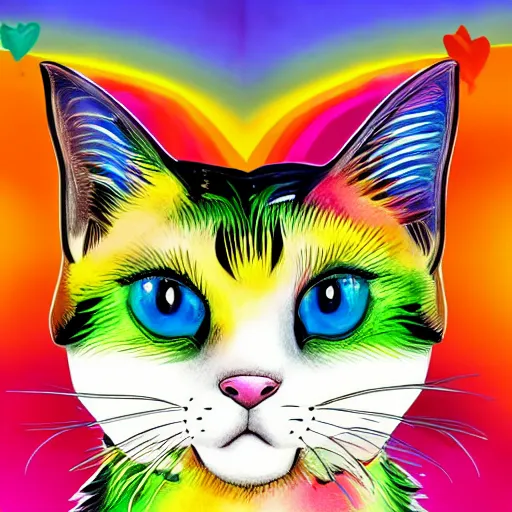 Prompt: portrait friendly cute happy stylish realistic rainbow cat. background in the style of art nouveau. lively. colorful. hd.