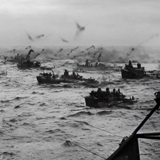 Prompt: go pro footage of d - day invasion, violent, blood, render