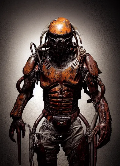 Image similar to a photorealistic dramatic hyperrealistic render of predator the alien hunter, ultra realistic details, well worn, rust, oil stains designed by vitaly bulgarov and mike nash, beautiful dramatic dark moody tones and lighting, cinematic atmosphere, studio lighting, global illumination, shadows, dark background, octane render, 8 k