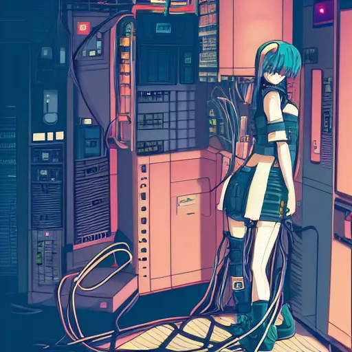 Image similar to a cyberpunk anime style illustration of an android girl seen from behind, seated on the floor in a tech labor with her back open showing a complex mess of cables and wires, by masamune shirow and katsushiro otomo, studio ghibli color scheme