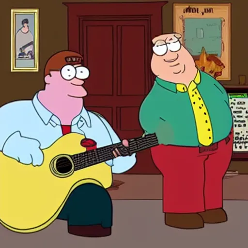 Image similar to bert jansch playing guitar next to peter griffin in family guy