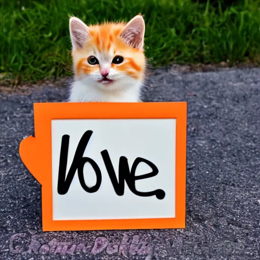 Image similar to cute fluffy orange tabby kitten with a sign that says