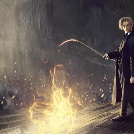 Image similar to gellert grindelwald casting a powerful spell, by greg rutkowski, featured on artstation, still from fantastic beasts