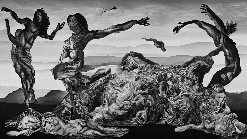 Image similar to the newest masterpiece of salvador dali inspired by dan hillier, it is called ; the creation of adam