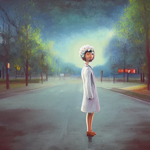 Image similar to giant white daisy flower head, frontal, girl in a suit, standing in street, surreal photography, sunrise, dramatic light, impressionist painting, digital painting, artstation, simon stalenhag