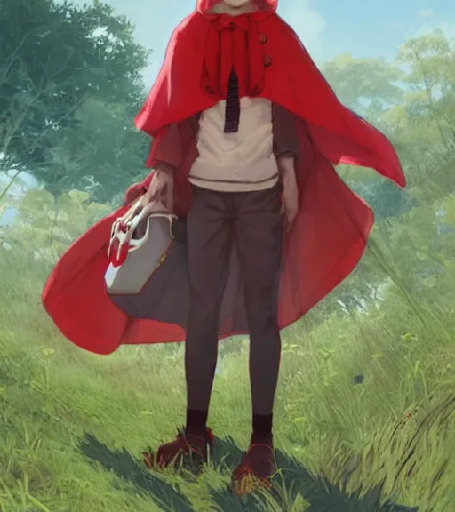 Image similar to attractive little boy character inspired in little red riding hood and venti from genshi impact, digital artwork made by akihiko yoshida and makoto shinkai