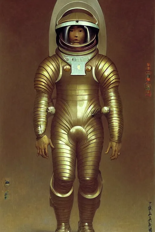 Image similar to portrait of a astronaut is a chinese dragon in armor and helmet, majestic, solemn, by bouguereau