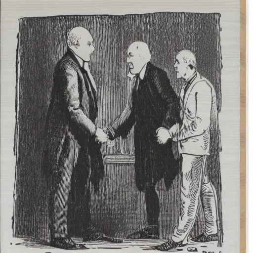Prompt: Robert Ingersoll shaking hands with Thomas Paine, wood block print