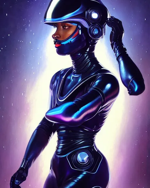 Image similar to Portrait of very very very very very very beautiful black woman, spacesuit, futuristic cybernetic helmet, blue eyes, real life skin, intricate, elegant, highly detailed, artstation, concept art, smooth, sharp focus, art by artgerm and greg rutkowski and alphonse mucha