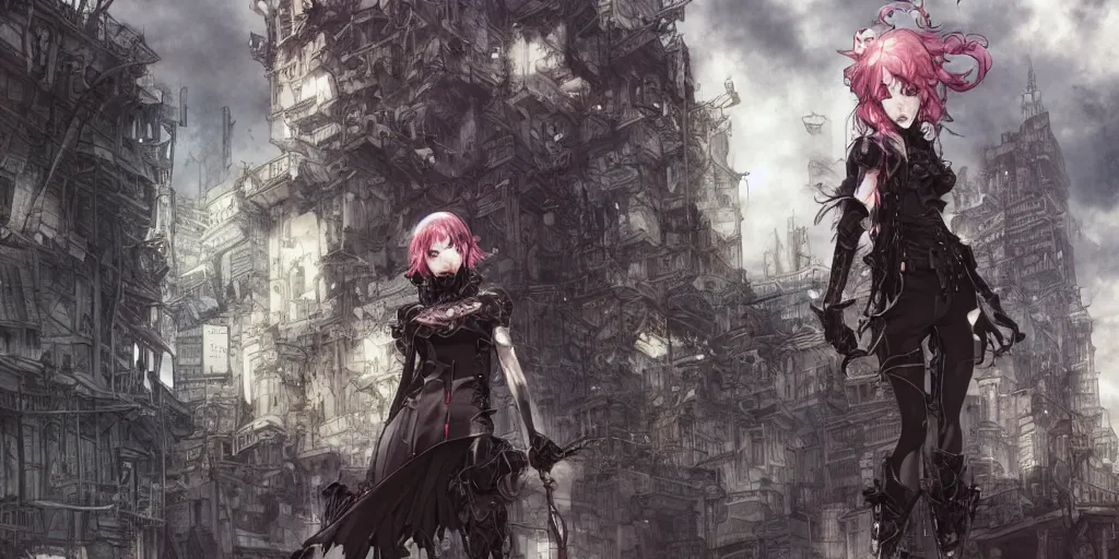 Image similar to goth woman in front of city, color page, tankoban, 4 k, tone mapping, akihiko yoshida, james jean andrei riabovitchev marc simonetti, yoshitaka amano, long hair, curly, h. hydrochaeri