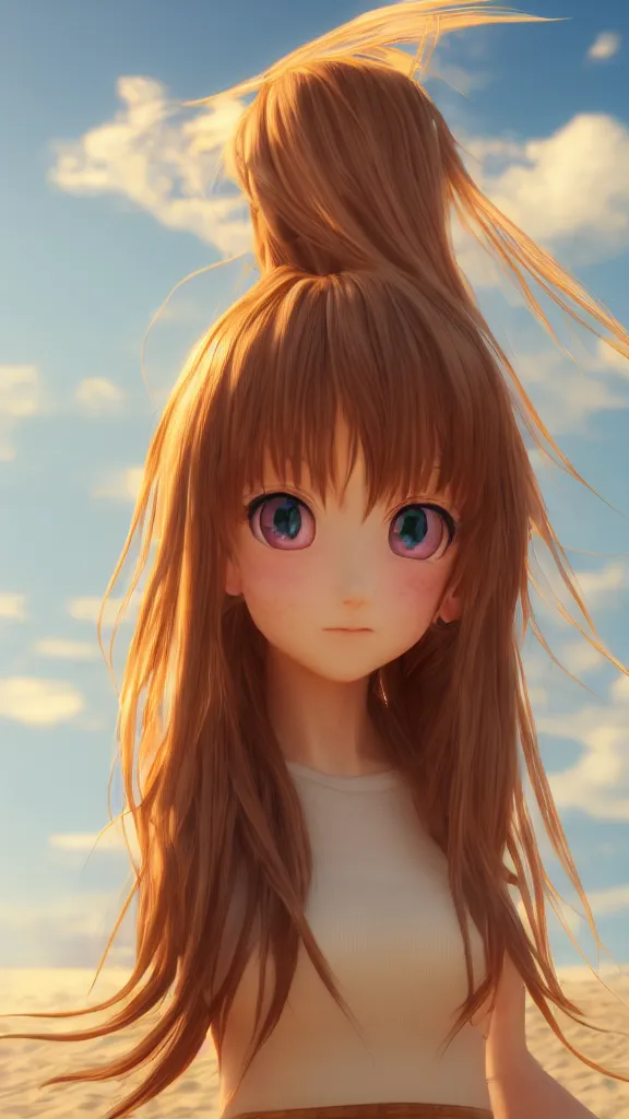 Image similar to Render of a very beautiful 3d anime girl, long hair, hazel eyes, cute freckles, full round face, short smile, cute sundress, golden hour, serene beach setting, medium shot, mid-shot, highly detailed, trending on Artstation, Unreal Engine 4k