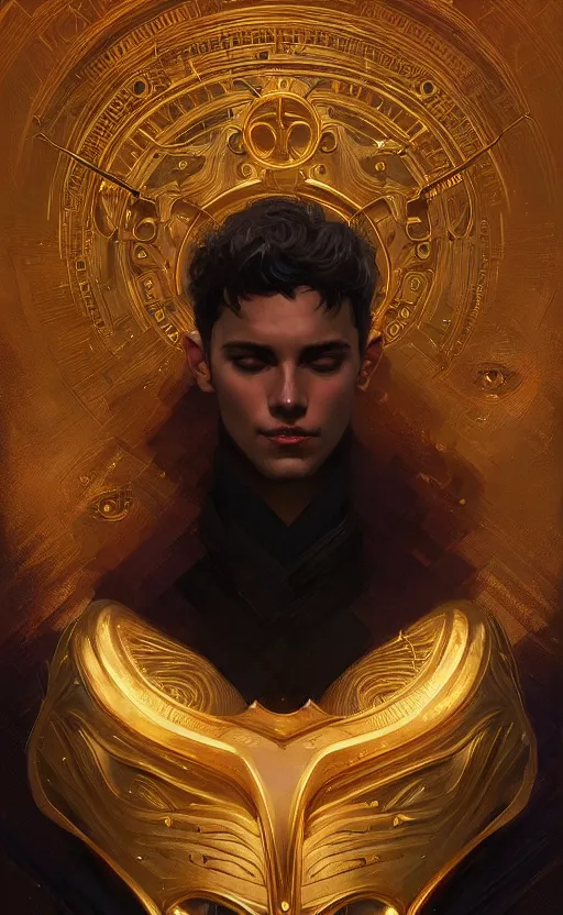 Image similar to portrait of a young handsome dark god, gold wires, intricate, headshot, highly detailed, digital painting, artstation, concept art, sharp focus, cinematic lighting, illustration, art by artgerm and greg rutkowski, alphonse mucha, cgsociety