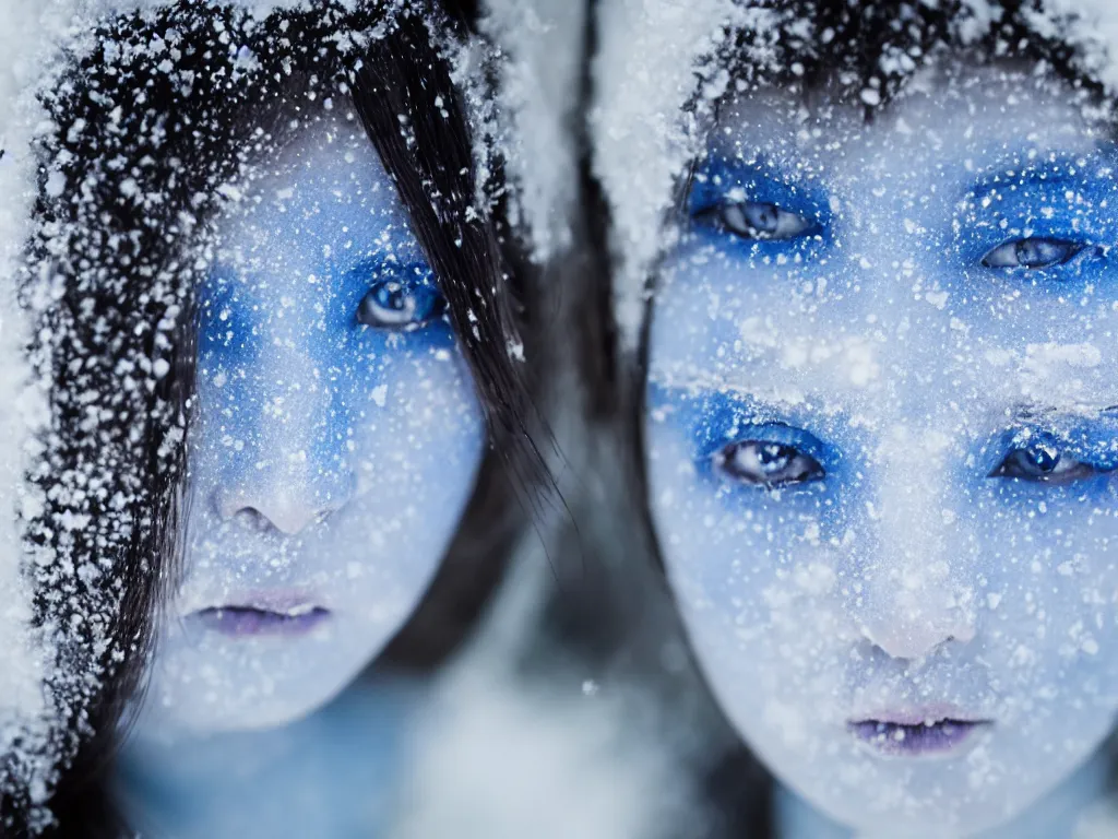 Prompt: the piercing blue eyed stare of yuki onna, blue skin, mountain blizzard and snow, canon eos r 6, bokeh, outline glow, asymmetric unnatural beauty, blue skin, centered, rule of thirds