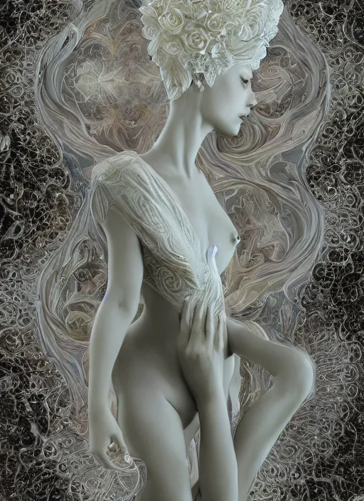 Image similar to opalescent marble sculpture of beautiful woman dissolving into shimmering dust, diaphanous, ivory carving, pearlescent, caustics, fractal paisley inlay, lace, intricate, elegant, highly detailed, digital photography, artgerm, feathers, subsurface scattering, caustics, lace, by ruan jia and greg rutkowski