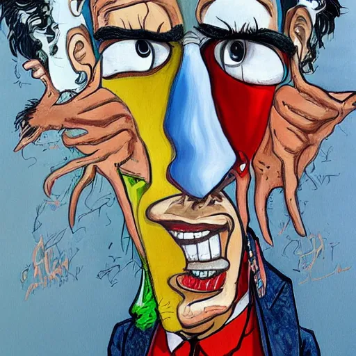 Prompt: a detailed painting jim carrey as borat by gerald scarfe and ralph steadman