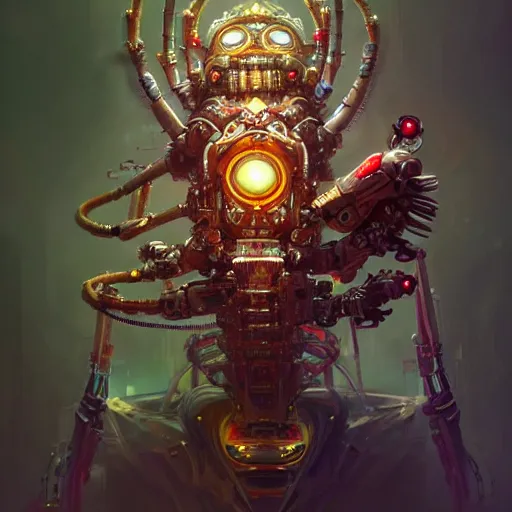 Prompt: portrait biomechanical spider king, cyberpunk, bionics, augments, lights, cables, elegant gleaming intricate baroque jewellery, colorful, vivid, imposing, epic, digital painting, artstation, concept art, by peter mohrbacher and wlop and rhads,