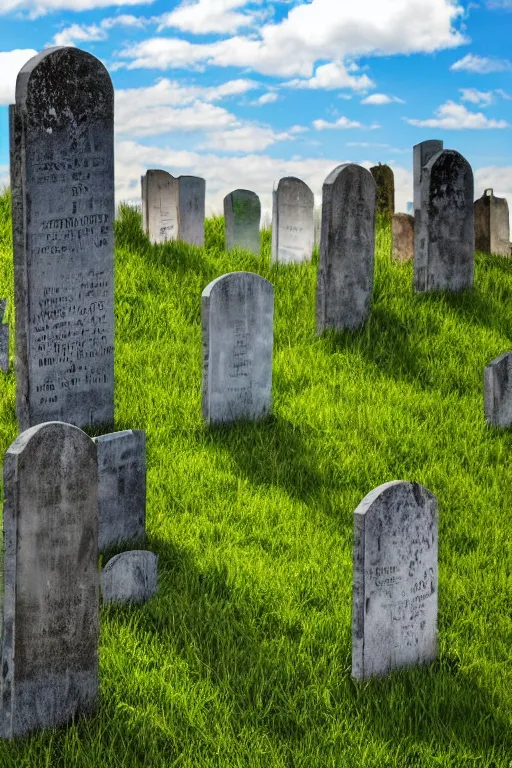 Image similar to realistic detailed photo of the windows xp bliss hills screensaver saturated cloudy blue skies with a graveyard, with many worn gravestones, hyper detailed, sigma 5 0 mm, flickr