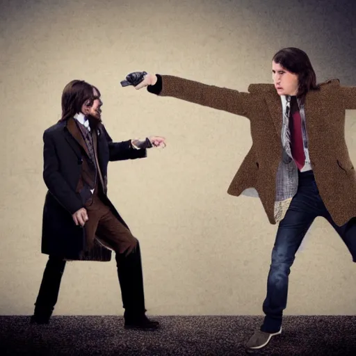 Prompt: Photograph of a stern man wearing a brown tweed coat. He is pointing his handgun towards a frightened young man with long hair against a stone wall. 4K, dramatic lighting