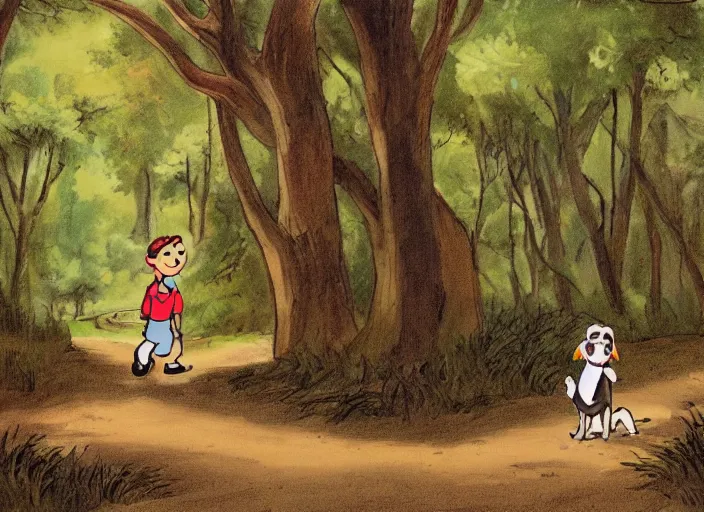 Prompt: A cartoon of a boy and his dog walking down a forest lane, disney