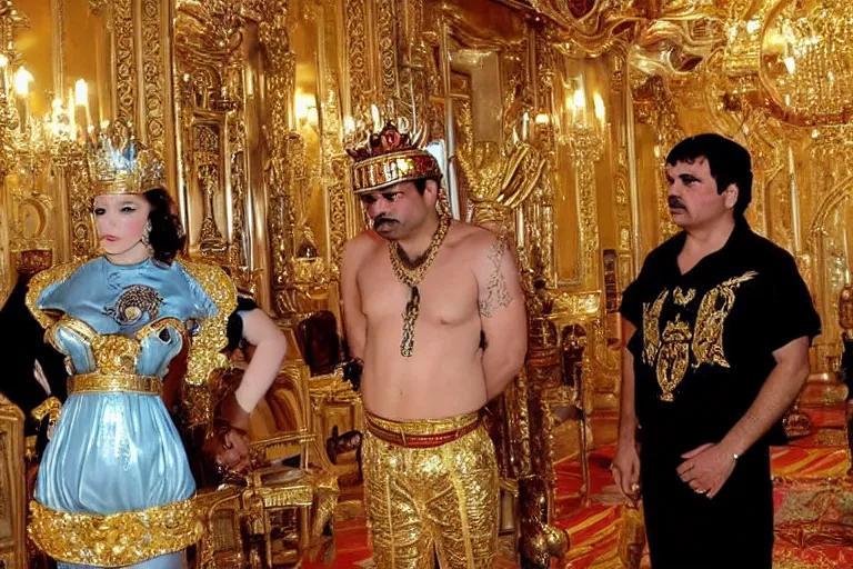 Prompt: el chapo is a genie standing in the middle of a grandiose mexican mansion. everything is made out of gold. the mansion is incredible and ornate. chapo has a clockwork chain. there are princesses and queens everywhere around him because they love him. wearing a genie costume. lovely scene of a genie being a pimp